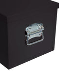 Close-up of the handle on a 30 Inch Steel Utility Box Black with Weather Resistant Seal Swing Up Handles Lock Ready Hasps Heavy Duty Outdoor Storage