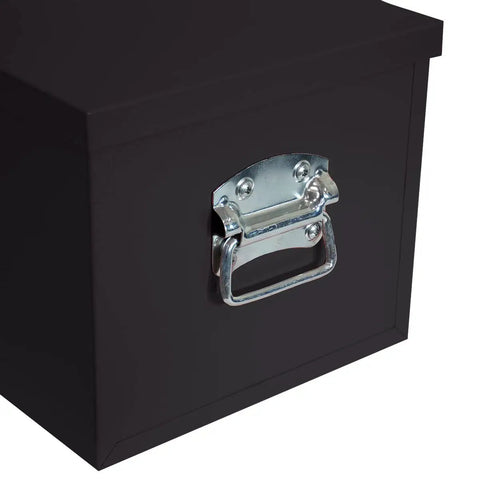 Close-up of the handle on a 30 Inch Steel Utility Box Black with Weather Resistant Seal Swing Up Handles Lock Ready Hasps Heavy Duty Outdoor Storage