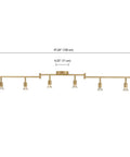 Payton 6-Light Foldable Track Lighting in painted brass with exposed sockets, measured dimensions shown in side view.