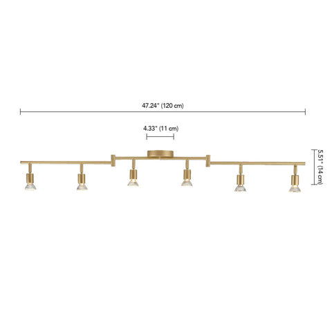 Payton 6-Light Foldable Track Lighting in painted brass with exposed sockets, measured dimensions shown in side view.