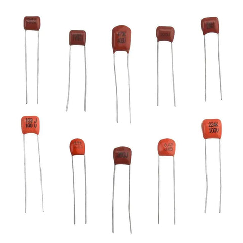 Metallized Polypropylene Film Capacitors Assortment Kit, 100 Pieces, 10 Values From 10nF To 474nF, 100V Rating, CBB Style