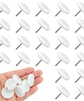 Top Shelf White Nylon Chair Leg Glides 24 Pack With Solid Metal Nails 1 Inch heavy duty sliders in hand and arranged view.