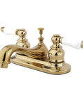 Restoration Lavatory Faucet With Retail Pop Up Polished Brass Finish Solid Brass Construction 1.2 GPM Flow At 60 PSI Four Seven Sixteenths Inch Spout Reach Washerless Cartridge Center Set Bathroom Sink Tap
