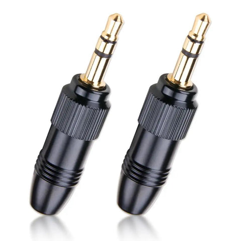 Two Pack Gold Plated DIY 3.5mm Stereo Jack Plug Adapter With M6 Threaded Lock For Headphones And Audio Converters Solder Ready For DIY Audio Projects Kit. Image of two gold-plated audio adapters.