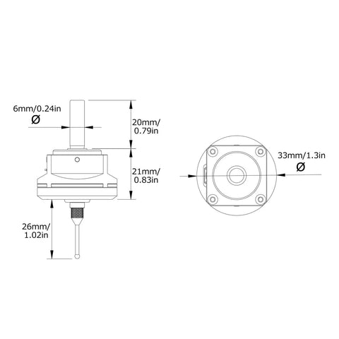 Technical diagram of 3D Finder Pro Universal Sensor Probe For CNC Machines With Tungsten Tip showing dimensions and design