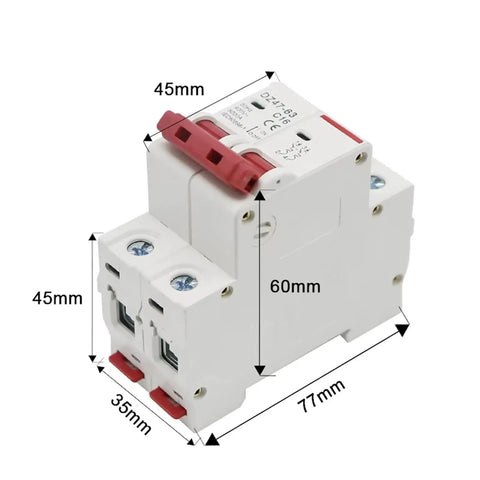 Premium Dual Pole Circuit Breaker With 35Mm Din Rail Mount For 3A To 63A Amps And 400V Ac Panels detailed view with measurements.
