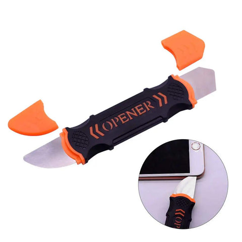 Dudes Totally Vouch For This Slick Four In One Cell Phone Repair Tool Kit Packed With Precision Screwdriver Suction Cup Plier And Dual Hinged Blade Opener For No Sweat Lcd Screen Fixes - black and orange plastic pry blade opener.