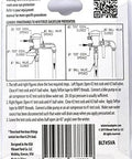 Back view of packaging for Schrader Valve to Male NPT fittings; lead-free brass sprinkler adapters; diagrams.