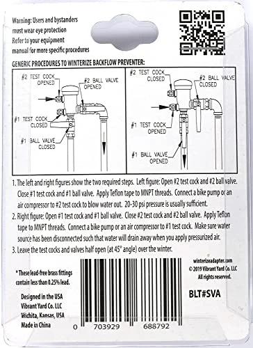 Back view of packaging for Schrader Valve to Male NPT fittings; lead-free brass sprinkler adapters; diagrams.