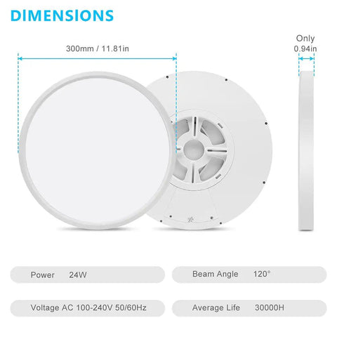 Dimensions of 12 Inch 24W Dimmable LED Flush Mount Ceiling Light With Remote Control showing size and specifications