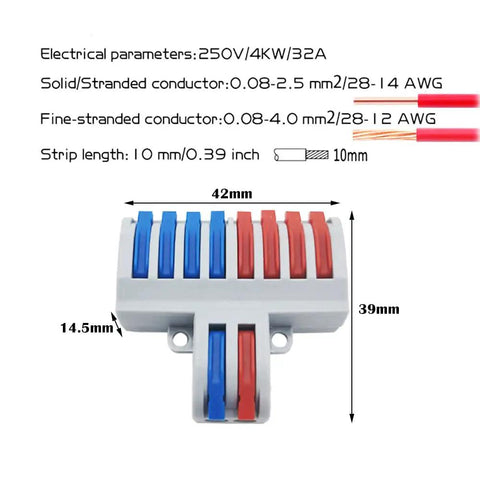 Six Pack SPL-82 Lever Nut Quick Connect Wire Connectors 2 In 8 Out Terminal Blocks, 42x39mm, 250V/32A, flame-retardant