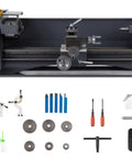 Garvee Mini Metal Lathe 9x30 Inch With 1100W Powerful Motor And 0-3000 Rpm Variable Speed Digital Readout showing accessories and tools.