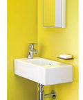 Focus Modern Upgrade Easy Clean One Hole Bathroom Sink Faucet In Brushed Nickel With Ceramic Cartridge Low Flow Water Saving Design Sleek Single Hole Tap For Modern Bathrooms Model 04370820 installed in a yellow bathroom