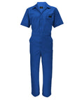 Men's Royal Blue Short Sleeve Coveralls Heavy Duty Poly-Cotton Workwear Stain Wrinkle Resistant Easy Care Beatdown Proof Industrial Overalls Trade Crew Site Gear Construction Job Uniform, front view.