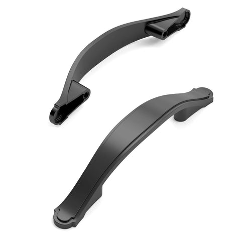 Two matte black cabinet pulls showing 3 inch hole center cabinet hardware detail, ideal for kitchen and bathroom, product ZH0068.