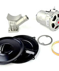 Bolt On Alternator Conversion Kit 55 Amp For Type 1 VW Beetle And Dune Buggy 12 Volt Generator Upgrade showing aluminum parts and steel covers.
