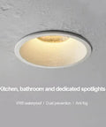 Four Pack Waterproof Recessed Downlight Aluminum Led Ceiling Light 30 Watt Anti Glare COB Spotlight in a bathroom ceiling.