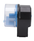 Side view of Straight Up Automatic Fish Feeder And Aquarium Food Dispenser, battery operated with a clear hopper.