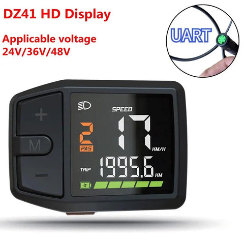 DZ41 LCD Display Meter for E Bikes 24V 36V 48V UART Speedometer with easy readout and waterproof connector, black panel