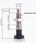 Pack Of Two Shop Ready Heavy Duty Stainless Steel Push Fit Ball Nose Spring Plungers M12 X 1.75 with dimensions and thread size.