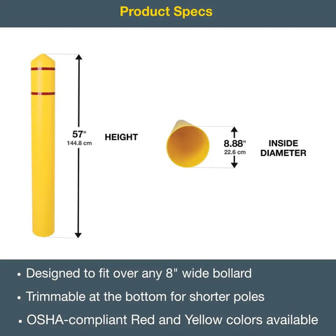 Heavy Duty Bollard Covers For 8 Inch Poles 57 Inches Tall High Density Polyethylene Safety Sleeve dimensions shown with inside diameter.