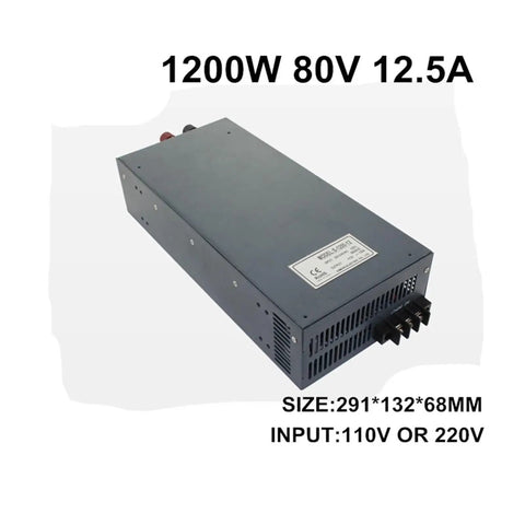 Beefy 80V 12.5A 1200W Switching Power Supply For CNC CCTV And LED Lighting With 110-220VAC Input Single Output Rock Solid Ultra Reliable Industrial Grade Power Converter showing size and input details, angled view.