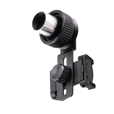 Phone Mount For Telescope And Optics, Adjustable Adapter, Quick Twist Lock Clamp, close-up of metal and plastic design.