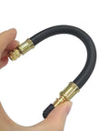Four Pack Car Tire Valve Extensions 8.25 Inch Flexible Valve Stem Extenders in hand, showing copper core and rubber seal