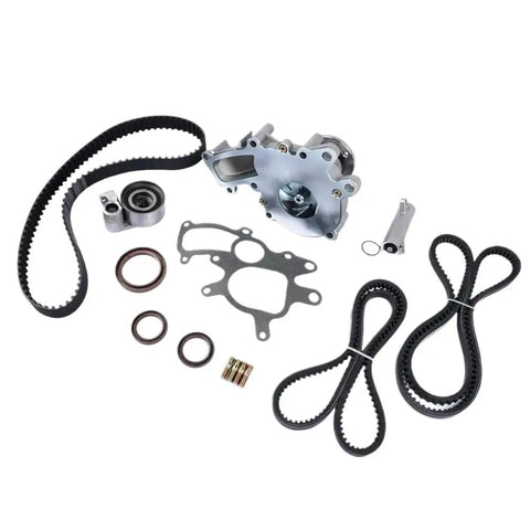 Premium Timing Belt Water Pump Kit Compatible With Toyota Hiace Land Prado 1KZ TE 3 Liter Turbo Diesel Engine Keeps Your Rig Running Perfectly So You Never Face Stalling Issues Or Costly Repairs Ever Again During Daily Commutes. timing belt kit with water pump, gaskets, seals, and pulleys on white background