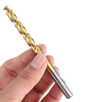 Pro Grade M42 Cobalt Drill Bit Set For Concrete Masonry Ceramic Tile And Stainless Steel With Wear Resistant Titanium Coating held in hand.