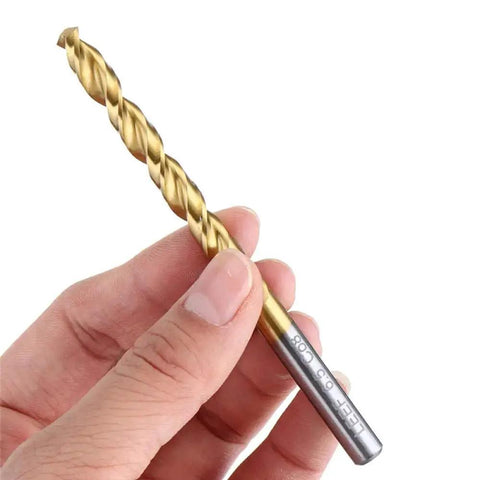 Pro Grade M42 Cobalt Drill Bit Set For Concrete Masonry Ceramic Tile And Stainless Steel With Wear Resistant Titanium Coating held in hand.