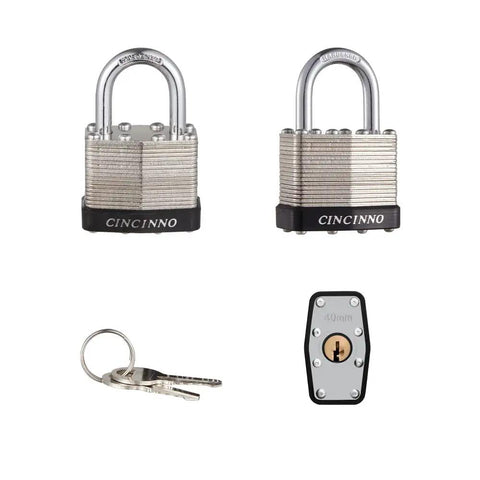Beefy 40mm Keyed Alike Nickel Plated Laminated Steel Padlocks, 1-9/16 Wide Body, 1 Inch Hardened Shackle, Brass Core 4 Pin Tumbler