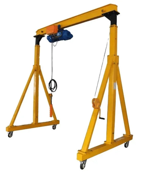 Portable 4 Wheel Mobile Gantry Overhead Crane With Heavy Duty Compact Frame Built For Tight Garages Smooth Riding Casters.