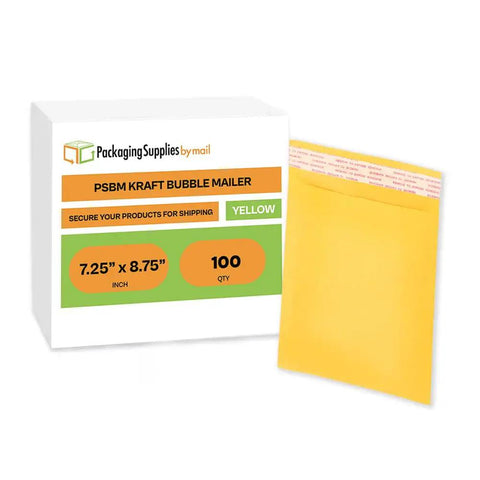 Kraft Bubble Mailers 7.25 By 9.75 Inch Yellow Padded Envelopes With Self Sealing Peel Off Strip on display with packaging