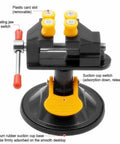 Mini Table Vise With Suction Base, 360 Degree Rotating Clamp, 0 to 25mm Jaw, black and yellow design, home workshop tool.