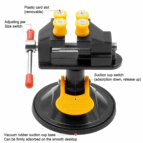 Mini Table Vise With Suction Base, 360 Degree Rotating Clamp, 0 to 25mm Jaw, black and yellow design, home workshop tool.