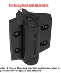 TruClose Self Closing Round Post Gate Hinges Built Tough For Chain Link Gates Up To 154 Pounds Fits 1 3 8 Inch And 1 5 8 Inch Gate Diameters For Round Frame And Post Black 2 Count detail with mounting brackets and screws