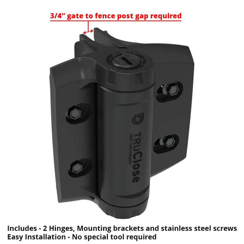 TruClose Self Closing Round Post Gate Hinges Built Tough For Chain Link Gates Up To 154 Pounds Fits 1 3 8 Inch And 1 5 8 Inch Gate Diameters For Round Frame And Post Black 2 Count detail with mounting brackets and screws