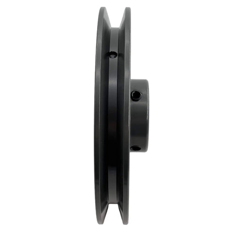 Side view of 7/8 Inch Bore V Belt Pulley With 5.45 Inch Outer Diameter One Groove Beefy Cast Iron Sheave For A AX 3L 4L V-Belt Systems Mechanical Pulleys