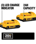 Compact 20V Max Lithium Ion Battery Twin Pack 2.0Ah shows 3 LED charge indicators and 2Ah capacity for extended runtime.