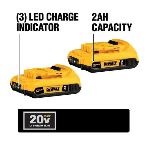 Compact 20V Max Lithium Ion Battery Twin Pack 2.0Ah shows 3 LED charge indicators and 2Ah capacity for extended runtime.