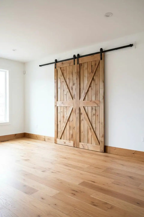 Premium Oil Based Penetrating Interior Wood Stain With Low Voc Levels For A Dang Good Natural Wood Look That Glides On Easy And Enhances Real Grain Texture In A Handy Half Pint Can applied on sliding wooden barn doors in a bright interior space.