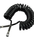 Heavy Duty 3 Meter PU Coiled Airbrush Hose With Secure One Inch Couplers For Car Detailing Spray Painting And Art Projects Featuring Kink Free Flexible Tube That Stays Tidy On The Job Site Every Time, black coiled hose with metal couplers