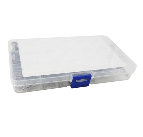 Top Shelf Rock Solid 304 Stainless Steel Phillips Flat Head Machine Screw Assortment Kit With 240 Countersunk Metric Fasteners in clear storage box.