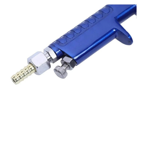 Close-up of the Premium Mini Paint Sprayer With Slick Adjustment Knobs and Hassle Free Setup airbrush nozzle and connection.