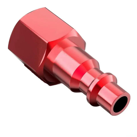 Straight Up Heavy Duty 7.5 Meter Retractable PU Air Hose Kit With Auto Rewind Mechanism Keeps Coils Tangle Free At Workshop Bench Plus Quarter Inch Quick Fit Connection Tips That Withstands Oil And Grease Without Kinking Around Your Tools And Gear. Red aluminum quick-fit air hose connector fitting