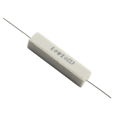 10 Pack 10 Ohm Cement Resistors 10W Horizontal Wirewound Components 5 Percent Tolerance in a close-up view.
