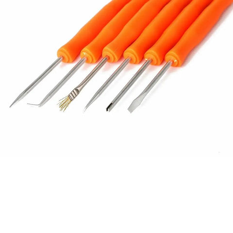 Six In One Soldering And PCB Repair Tool Set with Cleaning Tools includes spudger, helping hands, and cleaning picks on white background