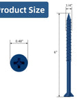 Diagram of One Quarter Inch By Six Inch Heavy Duty Concrete Screw Anchor Set With Blue Ruspert Coating, showing dimensions and threads.
