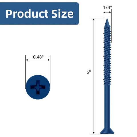 Diagram of One Quarter Inch By Six Inch Heavy Duty Concrete Screw Anchor Set With Blue Ruspert Coating, showing dimensions and threads.